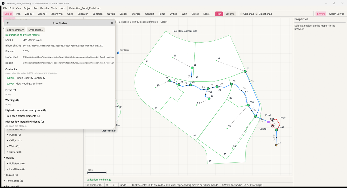 The Run Status window after running the Detention Pond model, with the results overlay on the map behind it