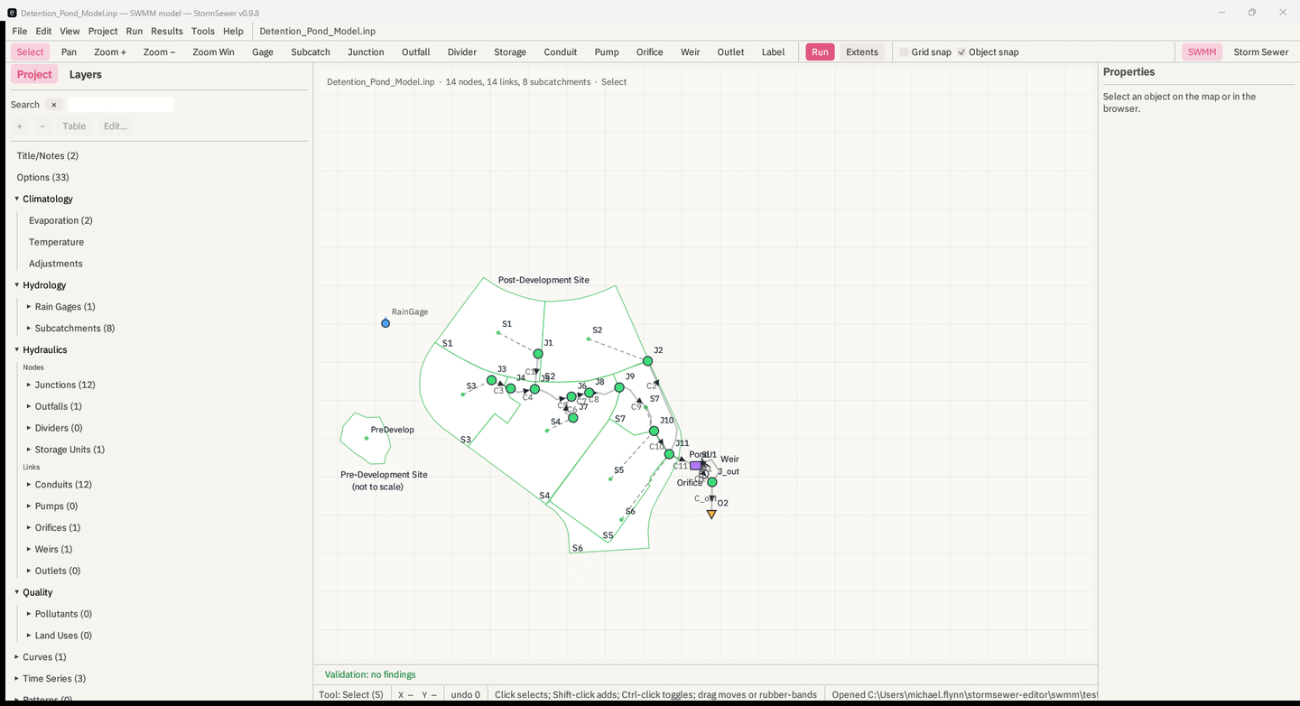The SWMM workspace with the Detention Pond model open